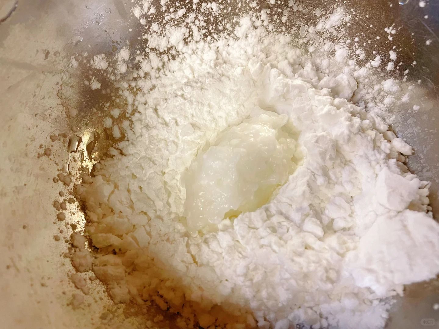 A close-up of the scalded starch batter