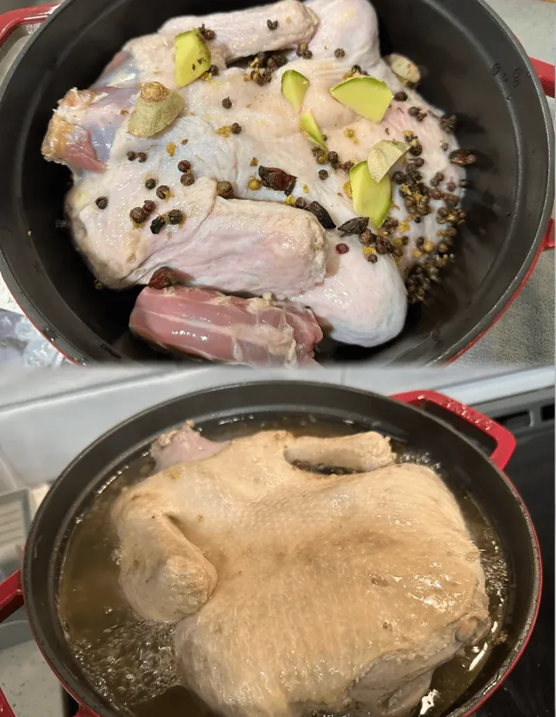 Simmering duck in pot